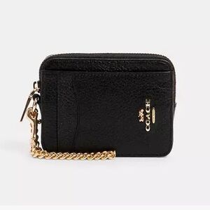 ✨ Coach Zip Card Case in Black Pebble Leather and Gold Hardware
